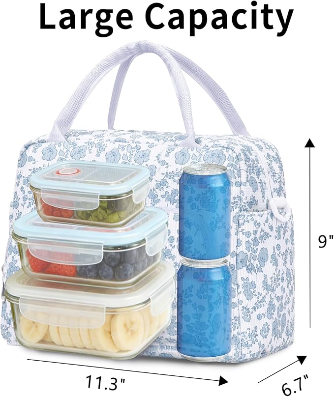 Lunch Box for Women Insulated Lunch Bag Women Adult Cute Lunch Bags Reusable Lunchbox Cooler Tote Bag for Work Picnic (Blue-Floral)