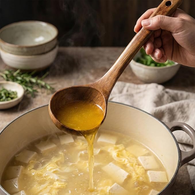 11" Wooden Ladle 2 fl oz Natural Wood Serving Spoon Gravy Soup Ladle Long Handle Deep Scooper Server Utensil Large Kitchen Wooden Scoop for Cooking Serving
