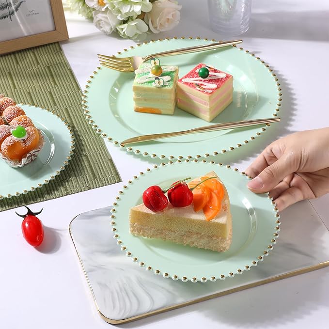 EI 60pcs Green Plastic Plates with Gold Rim,Disposable Heavy Duty Sage Green and Gold 10" Dinner & 7" Dessert Plastic Plate for Birthday,Afternoon Tea,Wedding,Spring,Valentine's Day,Easter