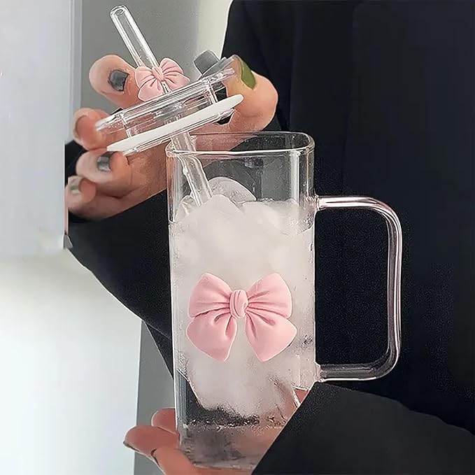 13Oz Square Glass Cups with Lids and Straws，Heat Resistant Glass Tumbler with Handle Bow Knot Transparent Drinking Glasses for Water,Juice,Iced Coffee,Milk,Tea (pink)