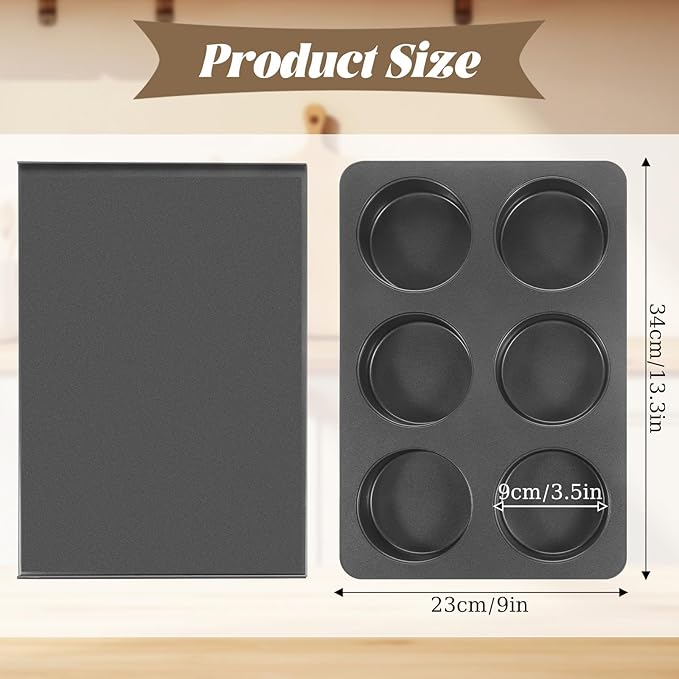6 Cup Straight Side Jumbo English Muffin Cupcake Pan with Lid, Nonstick Hamburger Bun Pan, Nonstick Baking Tin Tray Mold for Baking Burger Buns Roll Focaccia Quiche Pancake
