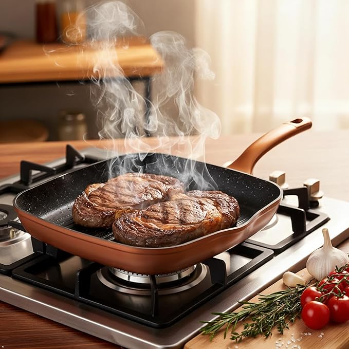 Nonstick Grill Pan for Stove Tops, 11 Inch Versatile Griddle Pan with Pour Spouts,Square Grill Pan for Indoor Cooking Surface, Durable Grill Skillet for Indoor & Outdoor Grilling.PFOA Free