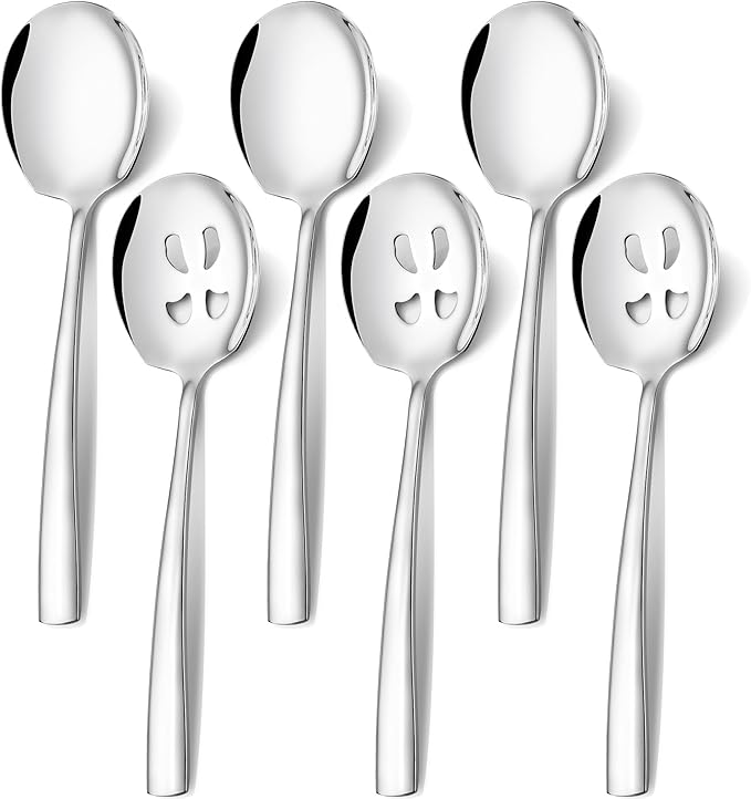 Extra Large Serving Spoons Set 11.7-Inch Serving Slotted Spoon x 3 Serving Spoon x 3, 18/8 Stainless Steel Big Serving Utensil for Buffet, Parties, Catering - Dishwasher Safe(6-Pack, Silver)
