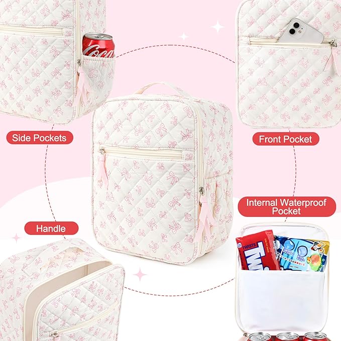Aileam Lunch Box Lunch Bag for Women Cute Girls Insulated Womens Lunch Bag For Work Quilted Large Capacity Reusable Insulated Cooler for Work School Picnic Travel, Pink Bow