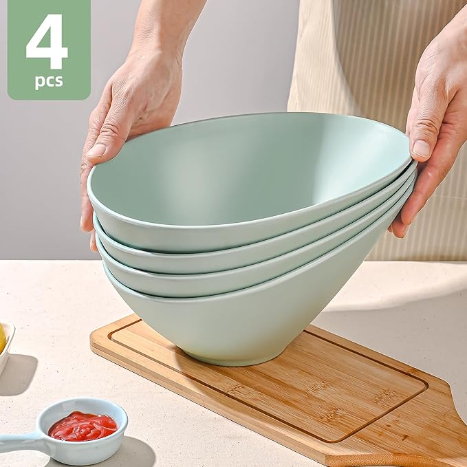 Bamboo Fiber Salad Bowls, 4 Packs Serving Bowls Blue Green, Compostable 33 Ounce Elegant Angled Bowls for Salad, Pasta, Soup, Prep, Ideal for Home and Restaurant