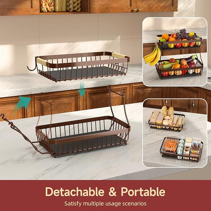 2 Tier Large Fruit Basket for Kitchen Counter with 2 Mobile Banana Hangers, 2026 Pro Detachable Metal Fruit Bowl with Wooden Handle (Brown, 2 Tier)