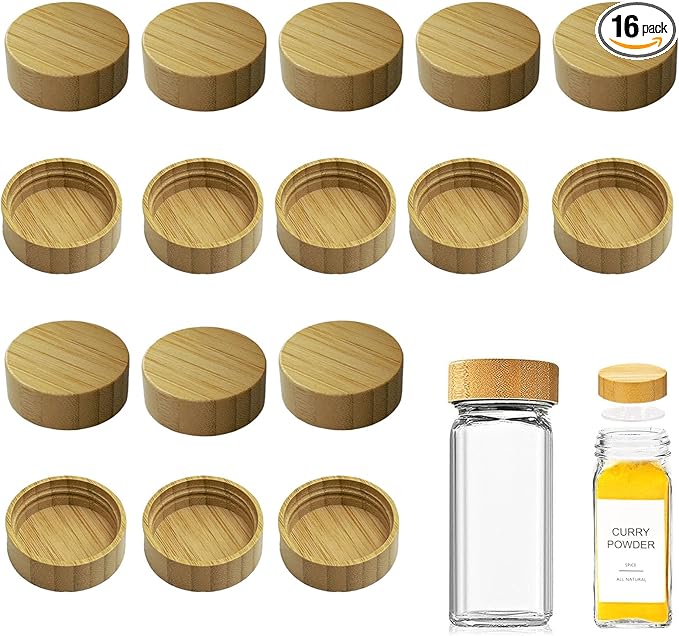 16 Pcs Bamboo Spice Jar Lids Fits Square Containers Seasoning Bottle Sealing Lids Fit Only 4 oz and 8 oz (Bamboo)