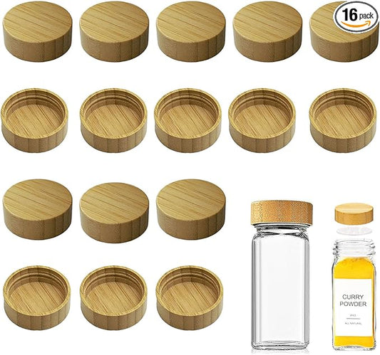 16 Pcs Bamboo Spice Jar Lids Fits Square Containers Seasoning Bottle Sealing Lids Fit Only 4 oz and 8 oz (Bamboo)