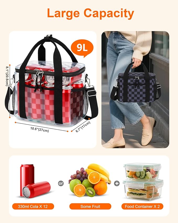 LOIDOU Lunch Box for Women Men Insulated Corduroy Lunch Bag Cooler Leakproof Reusable Adult Lunchbox Adjustable Strap lunch tote for Work Office Picnic, Gray-Black Grid