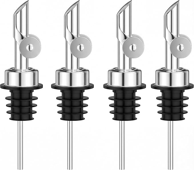 Auto Flip Liquor Pour Spouts 4-Pack, Leak-Proof 304 Stainless Steel Wine Pourer & Olive Oil Dispenser with Food-Grade Silicone for Kitchen, Bar, Restaurant (Silver)