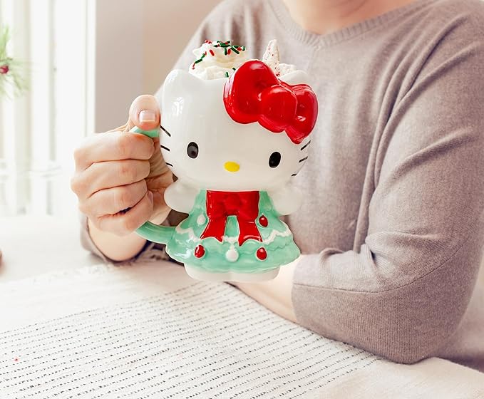 Silver Buffalo Sanrio Hello Kitty Holiday Christmas Tree Dress 3D Sculpted Ceramic Mug, 20 Ounces