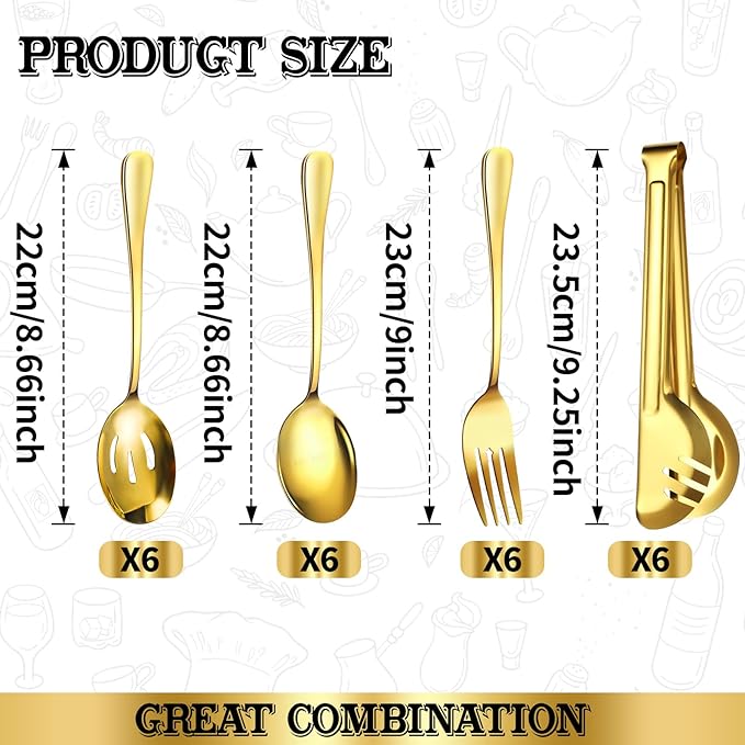 24pcs Serving Utensils Set, Large Stainless Steel Serving Utensils - Durable for Buffets, Dinner Parties, Weddings and Restaurants (GOLD)