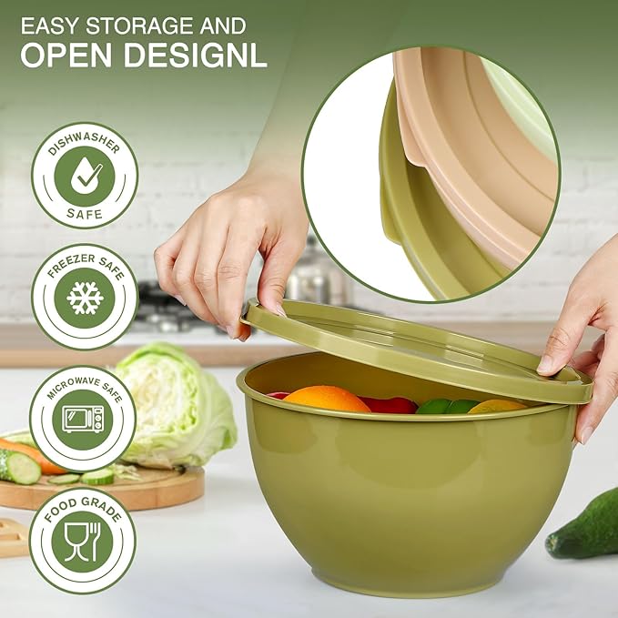 Plastic Mixing Bowls with Lids Set for Kitchen, Nesting Bowls for Mixing, Baking, Prepping, Cooking and Serving Food, Mixing Bowls Dishwasher, Microwave Safe (Green)