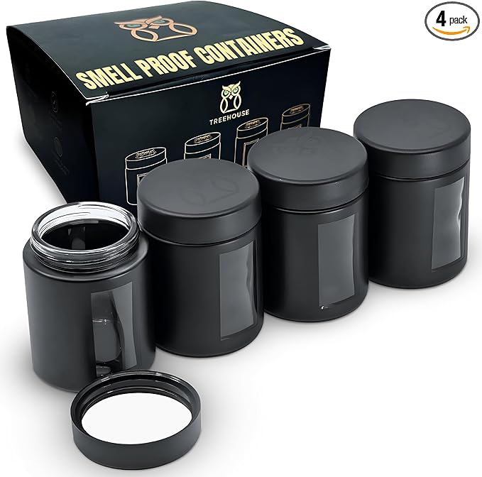 Treehouse Smell Proof Containers (120mL), Jars with Airtight Lids for Herbs, Spices, Coffee and Tea, Air Tight Glass Storage Jars with UV Protection Glass, (Set of 4) (Matte Black)