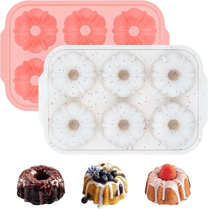 FUNBAKY Mini Fluted Tube Cake Pans for Baking with Metal Reinforced Frame, 2Pcs Silicone 6-Cavity Mini Flan Molds, Nonstick Baking Mold for Cupcake, Brownie, Donuts, Cornbread, Jello