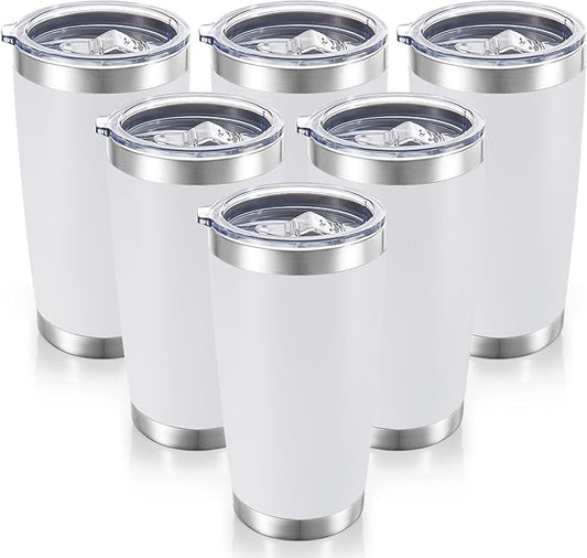 20 oz Tumblers Bulk Stainless Steel Tumbler with Lid Double Wall Vacuum Insulated Coffee Mug 20oz Powder Coated Cup for Hot and Cold Drinks, White, 6 pack