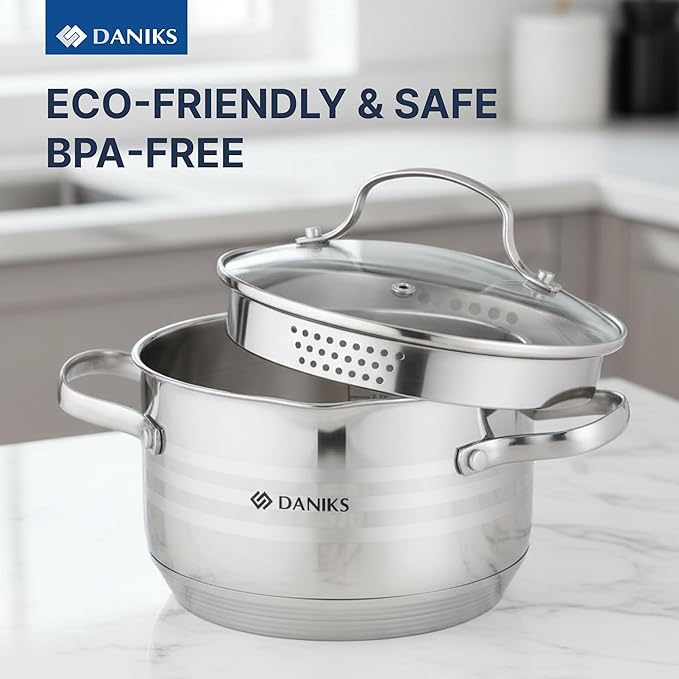 Daniks Tokio Stainless Steel Stock Pot 2 Quart, with Glass Strainer Lid, Induction Ready, Dishwasher Safe, Measuring Scale, Silver