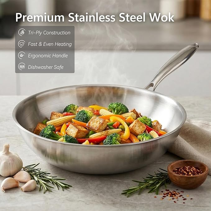 WANGYUANJI 4.2 QT Tri-Ply Stainless Steel Wok Pan with Lid, 12" Flat Bottom Stir Fry Skillet for Asian Cuisine, Premium 18/10 Induction Cookware for 3-4 Servings, Oven Safe