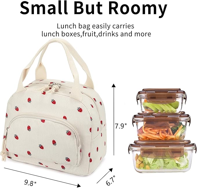Lunch Bag Women Lunch Box for Women Adult Cute Insulated Lunch Bag Small Cooler Lunch Tote Bags for Work Picnic Travel (Beige-Strawberry)