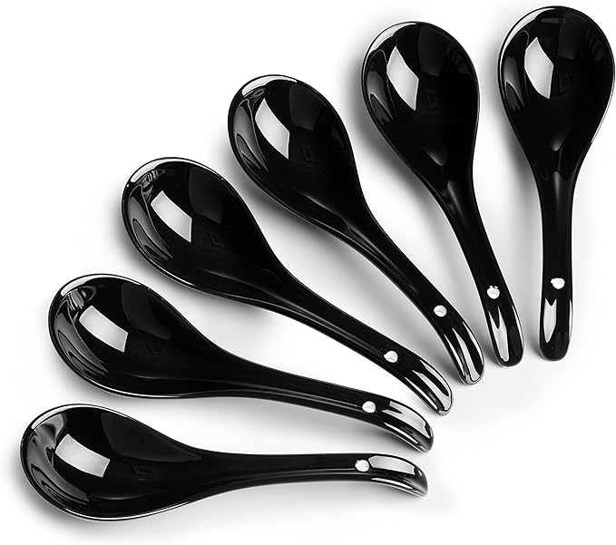 DOWAN Soup Spoons, Ceramic Chinese, Asian Soup Spoons, White Japanese Spoon Large for Ramen Pho Wonton Dumpling Miso, Deep Oval Hook Design, Set of 6 (6, Black)