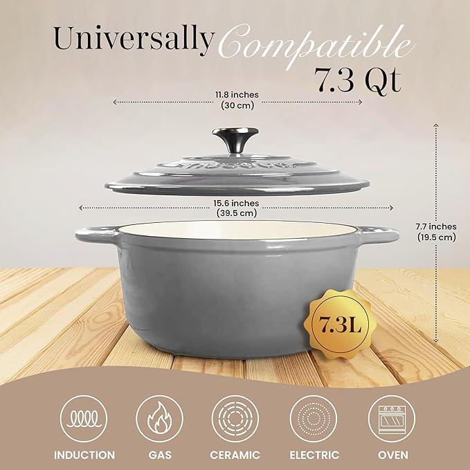 Cast Iron Dutch Oven with Lid – Non-Stick Ovenproof Enamelled Casserole Pot – Sturdy Dutch Oven Cookware – Grey, 7.3-Quart, 30cm – by Nuovva