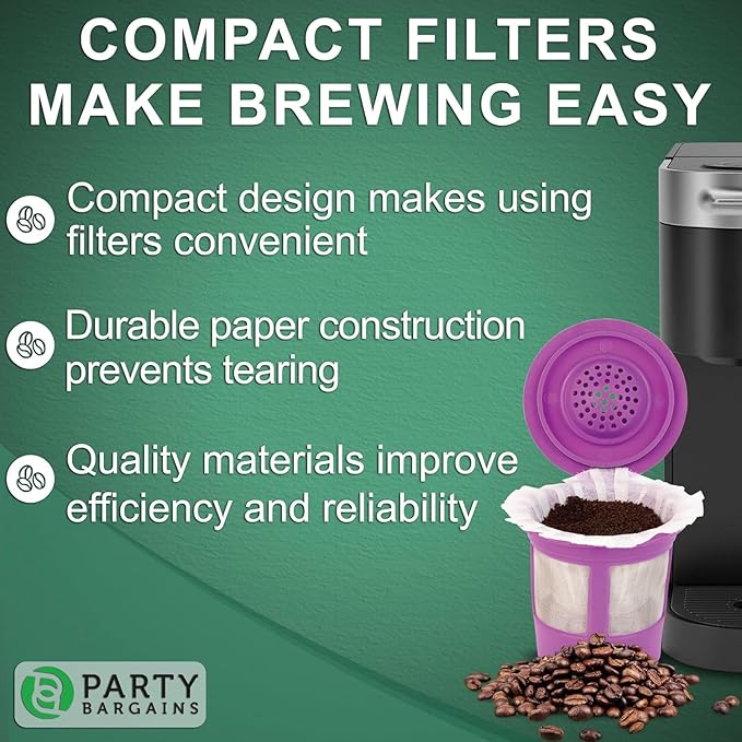PARTY BARGAINS 300 Compact Disposable Coffee Filter Liners – Compatible with Keurig Brewers & K-Cup Reusable Pods, Single-Serve Paper Filters