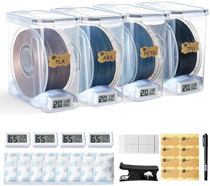 Filament Storage Box - 4 Pack 4L 3D Printer Filament Containers with 4 Hygrometers, Airtight Dry Boxes for Sealing and Protection, Water-Proof & Dust-Proof, Reusable Desiccant, Tube Cutter & Labels