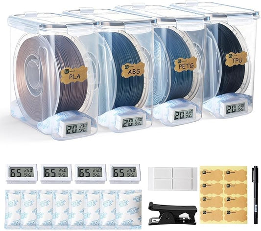 Filament Storage Box - 4 Pack 4L 3D Printer Filament Containers with 4 Hygrometers, Airtight Dry Boxes for Sealing and Protection, Water-Proof & Dust-Proof, Reusable Desiccant, Tube Cutter & Labels