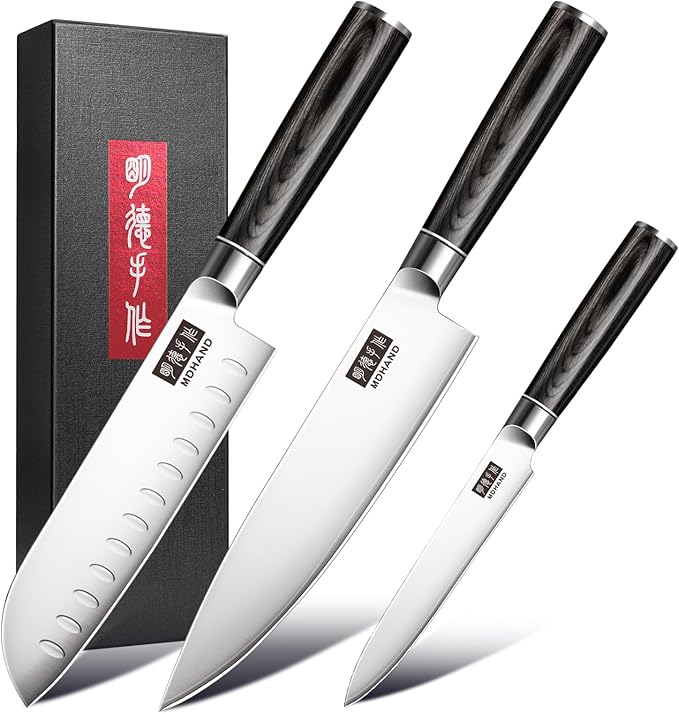 MDHAND Knife Set, 3PCS Professional Japanese Kitchen Knife Set, High Carbon Stainless Steel Chef Knife Sets with Balanced Pakkawood Handle, Including Chef, Santoku & Paring Knives, Elegant Box