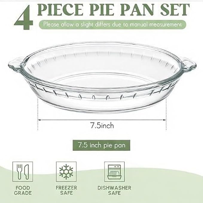Uiifan 4 Pack 7.5 Inches Mini Glass Pie Pan for Baking Clear Pie Plate with Handles Round Glass Dish for Baking and Serving, Snacks, Salads, Desserts