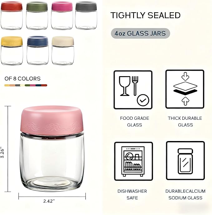 4oz 8Pack Glass Dressing Jars with Leakproof Lids, Containers for Sauce, Salad Dressing, Dips & Snacks – Reusable Glass Food Storage Cups for Lunch Box & Meal Prep(4oz-8Pack)