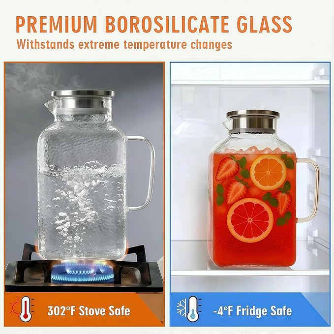 1 Gallon Glass Pitcher with Lid, Glass Water Pitcher with Handle for Fridge, Iced Tea Pitcher, Cold/Hot water jug,Large Jug for Coffee, Juice and Homemade Beverage（Free anti-scratch pad）