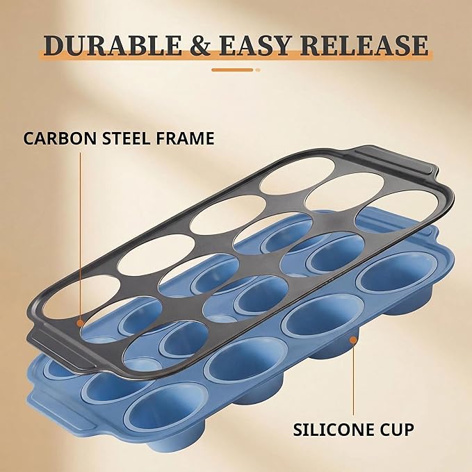 Boyun Silicone Muffin Pan for Baking,No-Spill Easy-Transfer Design,Reinforced Steel Frame, Non-Stick & Dishwasher Safe,12-Cup Regular Size Muffin & Cupcake Pan Bakeware for Oven (Blue 2pcs)