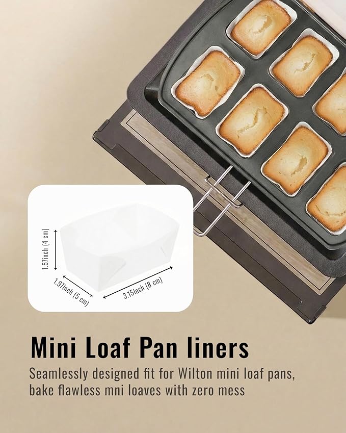 100 Pcs White Mini Loaf Pan Liners Compatible with Wilton Mini Loaf Pan, Natural Parchment Paper Cupcake Liners, Petite Loaf Baking Cups for Cupcake, Muffin, Brownies, 3.15*1.97*1.57inch