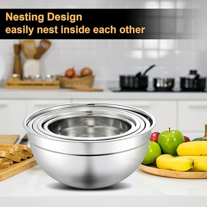 5 Piece Mixing Bowl Set - Mixing Bowls with Lid, Stainless Steel Mixing Bowls for Baking, Size 1.5, 2.1, 3.5, 4, 4.5QT, Baking Bowl for Food Preparation, Mixing and Serving Foods