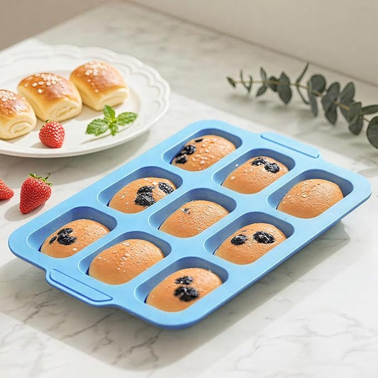 Nonstick Silicone Mini Loaf Pans: 9-Cavity Small Banana Bread Loaf Pans for Baking Cornbread with Metal Frame - Mini Meatloaf Tin for Oven - Brownie Tray for Baker Baking Lover (Blue)