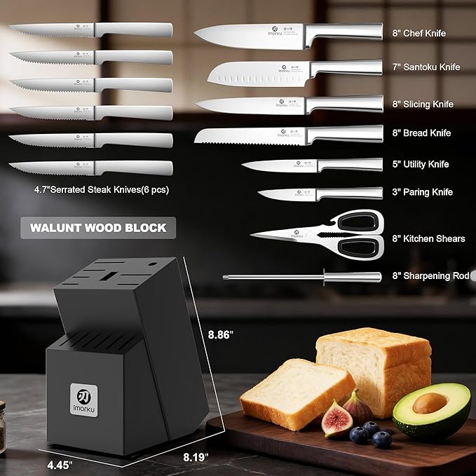 imarku Knife Set - 15PCS Kitchen Knife Set Japanese High Carbon Stainless Steel Knives Set for Kitchen, Dishwasher Safe Ultra Sharp Professional Chef Well Balance Knife Block Set, Black