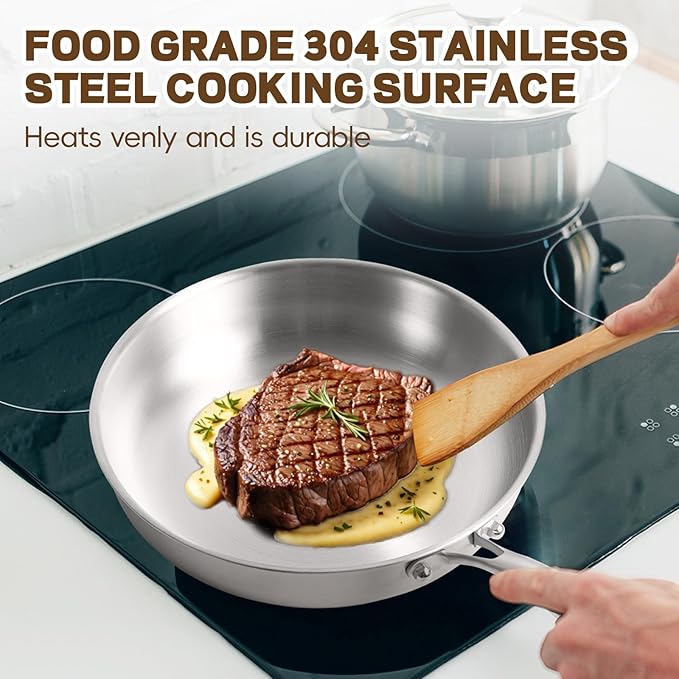 GOLDEN KEY 12 Inch Tri-Ply Stainless Steel Frying Pan with Lid - PFOA/PTFE-Free, Even Heating, All Cooktop Compatible, Oven Safe 500°F, Dishwasher Safe for Searing, Sauteing, Roasting & Frying