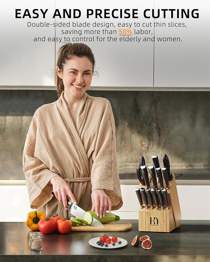 Knife Set 15 Pcs Kitchen Knife Block Set, Enduring Razor-Sharp High Carbon Stainless Steel Knife Set with Block and Sharpener, Premium Knives Set for Kitchen, Natural Bamboo Valentine's Gift