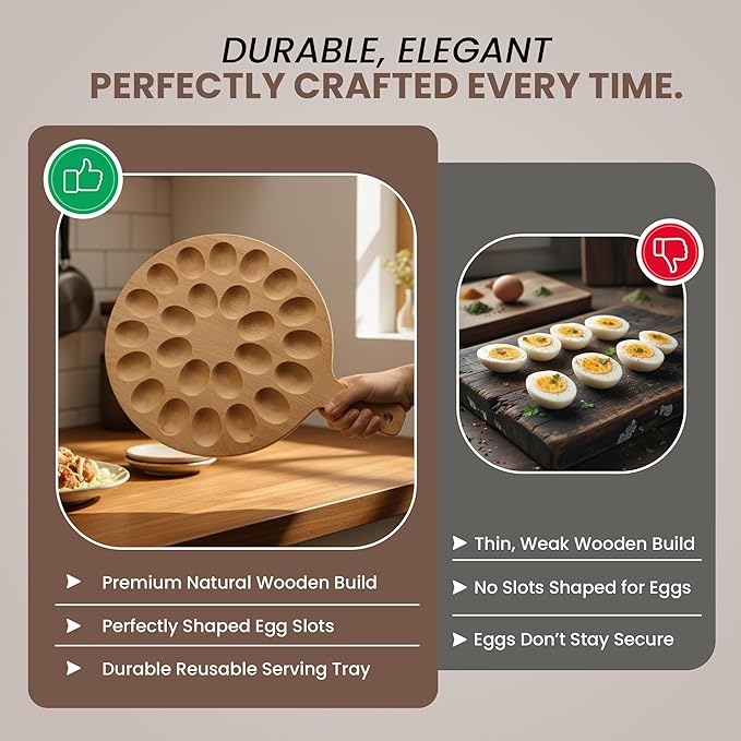 Namre' Deviled Egg Tray for 24 Eggs – Wooden Deviled Egg Plate & Holder with Handle, Reversible Pizza Peel & Serving Tray, Easter Deviled Egg Platter