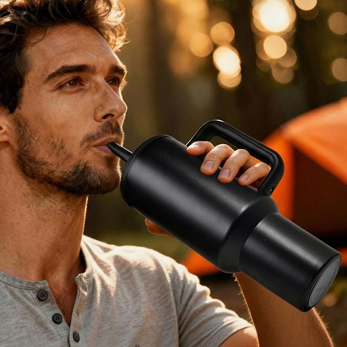 40 oz Insulated Tumbler with Handle,Flip Straw,Lid & Rubber Base Stainless Steel Water Bottle - Leak Proof Vacuum Insulated Mug BPA Free Reusable Travel Cup Gifts for Women/Men (black 40OZ)
