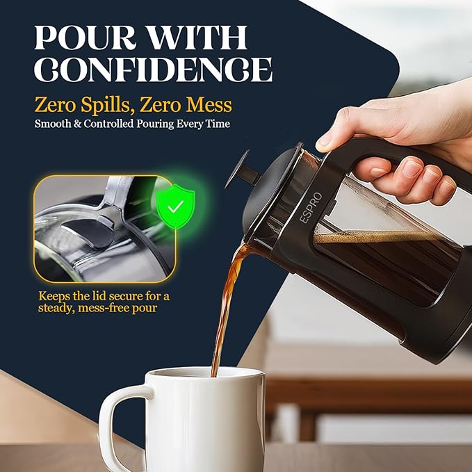 ESPRO P3 French Press Coffee Maker – Patented Double Micro-Filter for Grit-Free Brew, Heat Resistant thicker Borosilicate Glass Coffee press – (Black 18 oz)