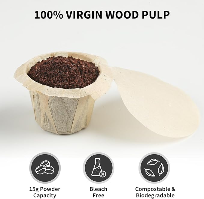 300 Count Fanativita Paper Coffee Filters Disposable with Genius Lid Design, Fit All Reusable K Cups for Keurig (Unbleached)
