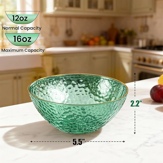 I00000 30 Pack 12 Ounce Clear Green Plastic Bowls Serving Bowls Hammered with Gold Rimmed, Heavy Duty Disposable Bowl Set,Small Bowls for Party Picnic