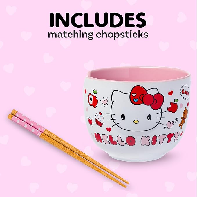 Silver Buffalo Sanrio Hello Kitty Apples and Hearts Doodles Ceramic Ramen Noodle Rice Bowl with Chopsticks, Microwave Safe, 20 Ounces