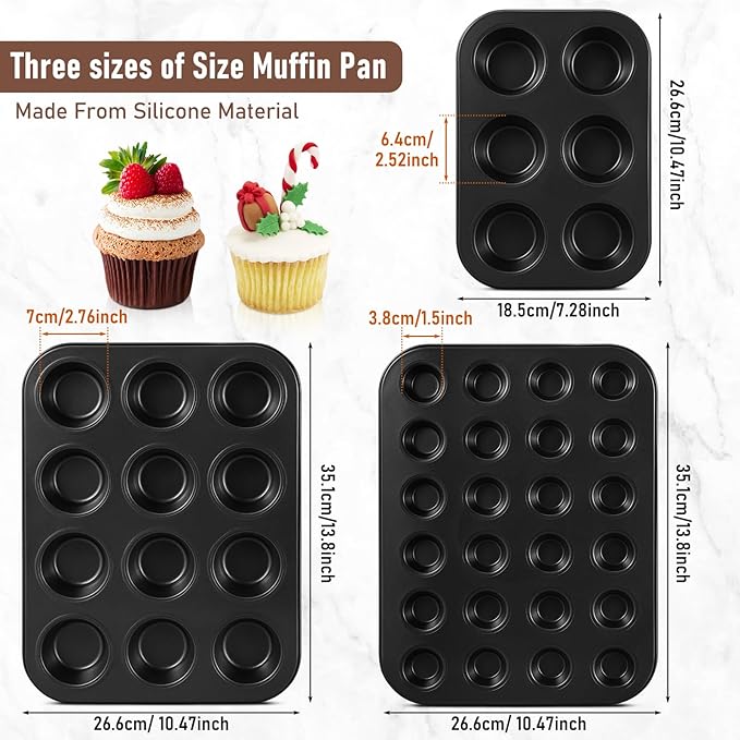 3 Pack Nonstick Muffin Pan Carbon Steel Cupcake Pan Muffin Tin Easy to Clean Tray Bakeware for Baking Cup Cake Cheesecake, 6, 12, and 24 Cup, Jumbo