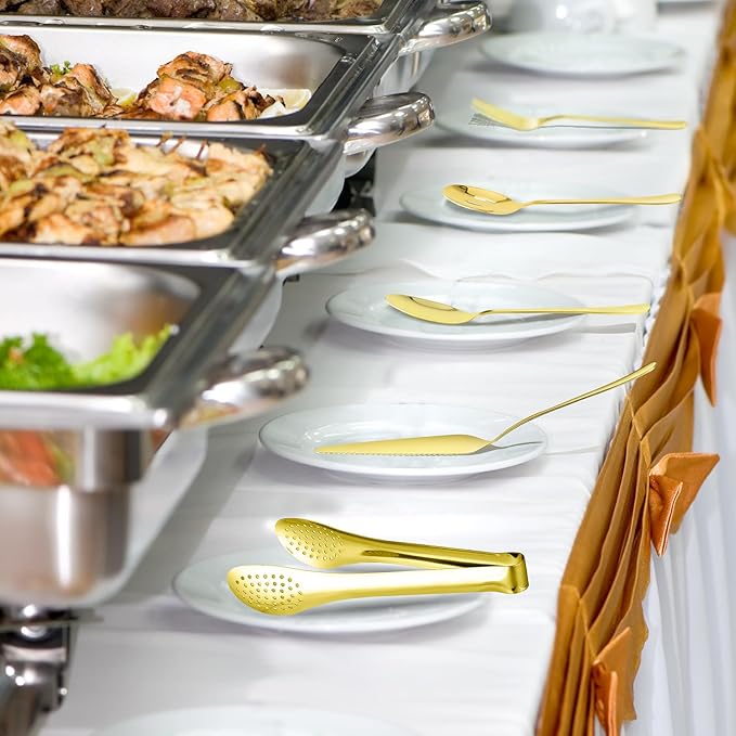 10 PCS 18/8 Gold Stainless Steel Heavy Duty Serving Utensils Set for Parties, Kitchen Serving Tools-Serving Spoons, Slotted Spoons, Serving Forks Tongs Soup Ladle, Cake Pie Server for Buffet, Wedding