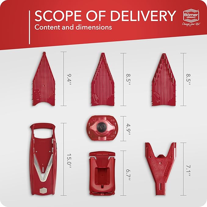 Mandoline Food Slicer Börner V5 (Profi Set) by Reston Lloyd • V-Slicer with 4 Inserts, Docking Station & Food Holder • Made in Germany • Fruit & Vegetable Chopper • Multiple Settings • Color: Red
