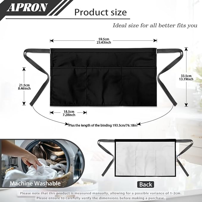 Server Waitress Waist Apron with 3 Pockets, Short Aprons for Servers,Waiter Apron For Waiter Accessories