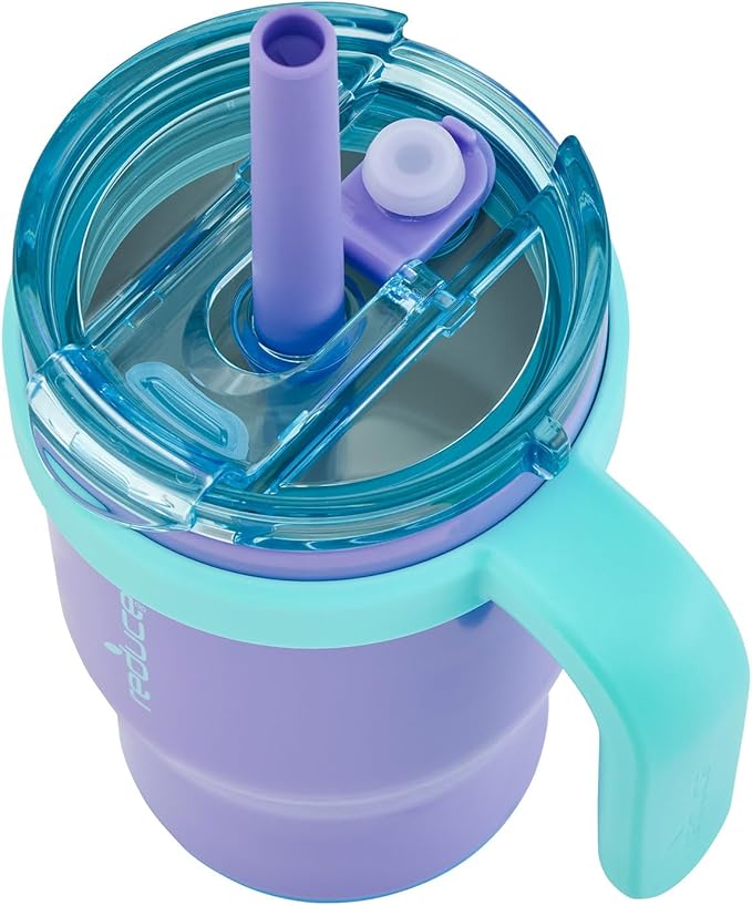 REDUCE 14 oz Coldee Tumbler with Handle for Kids - 2 Pack, Leakproof Insulated Stainless Steel Mug with Lid & Spill-Proof Straw, Keeps Drinks Cold up to 18 Hrs, Purple and Teal